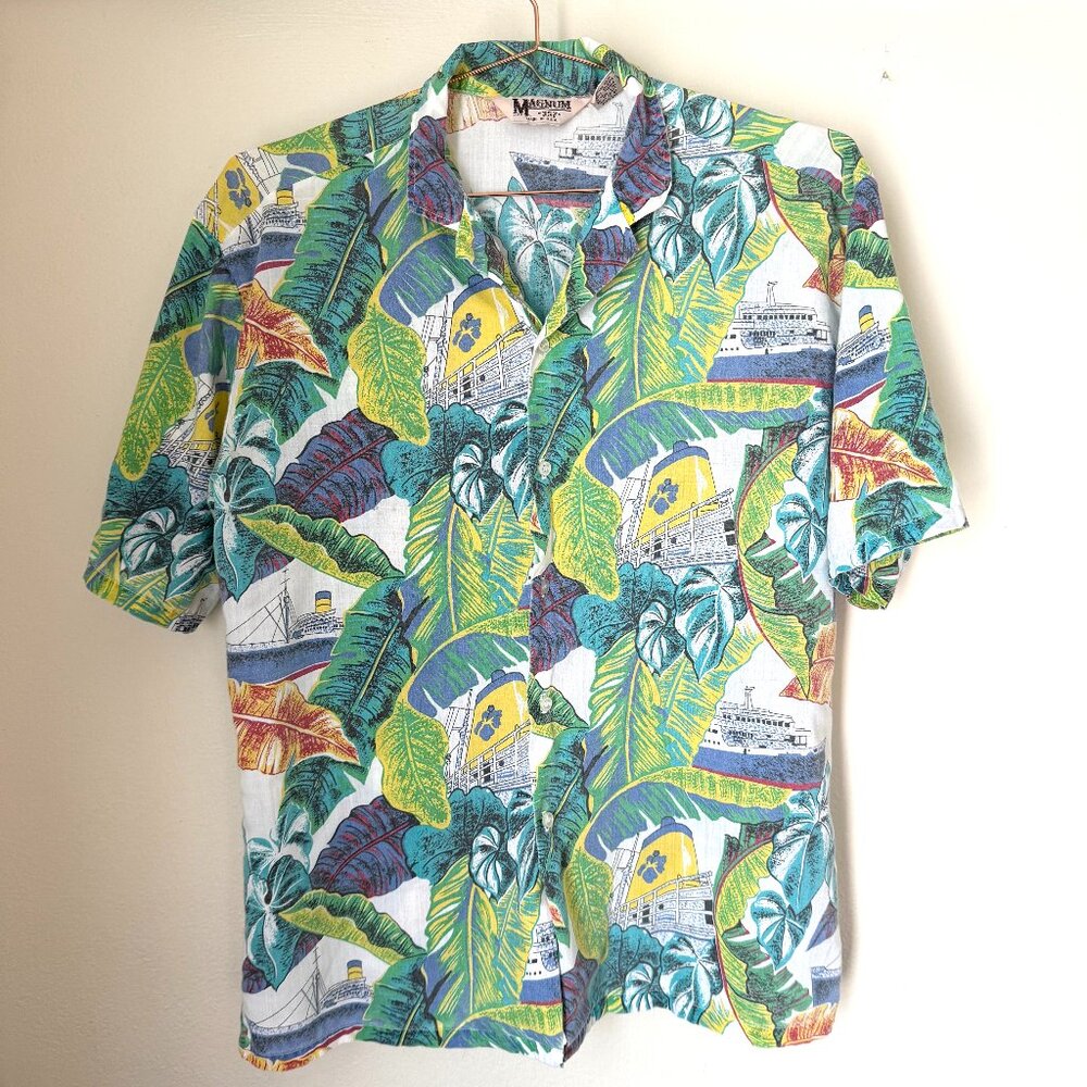 Vintage Magnum Hawaiian‎ Shirt Mens L Button Up Palm Tree Large Surfing Tropical